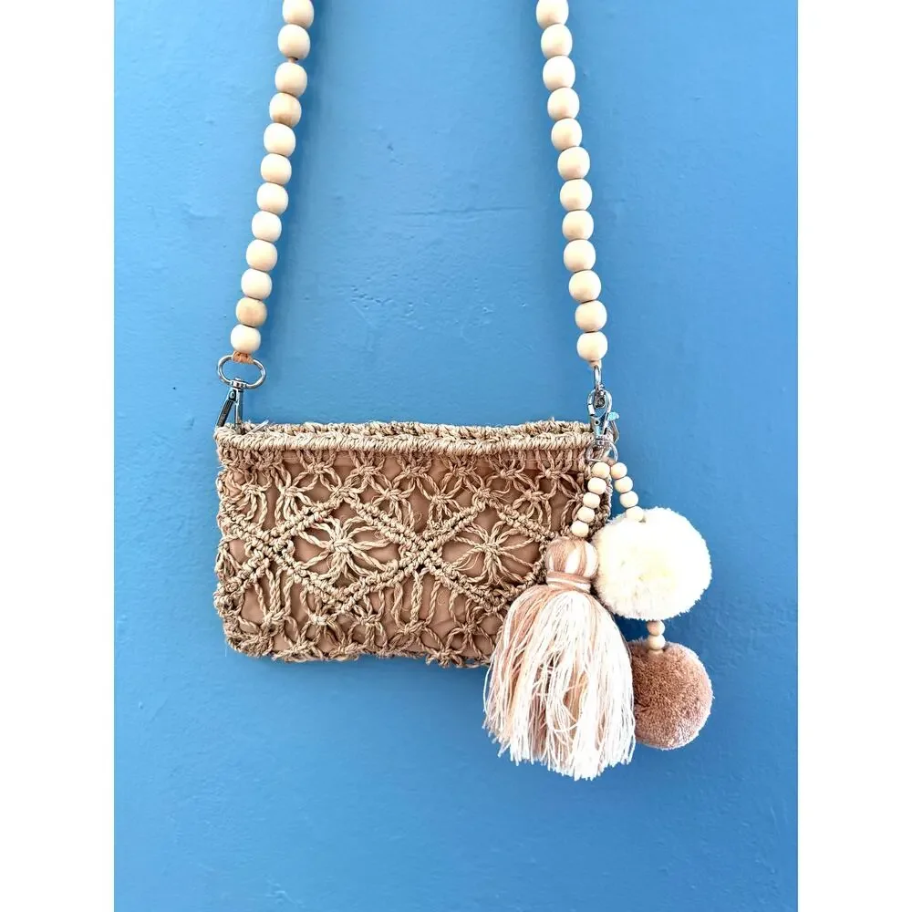 Boho Straw Macrame Crossbody Bag Natural Wood Bead Strap Purse Tassels Pom Poms